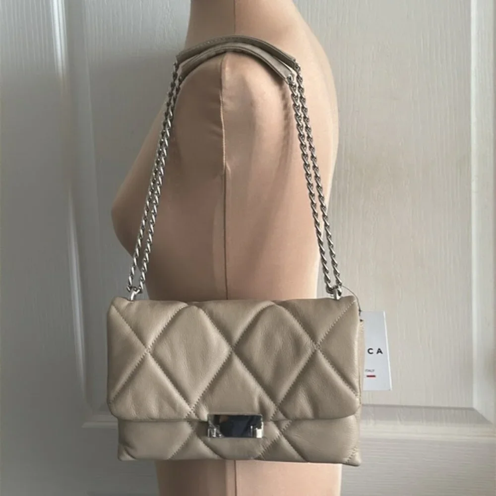 Il Duca Itlay Genuine Leather Quilted Convert Flap Handbag Taupe